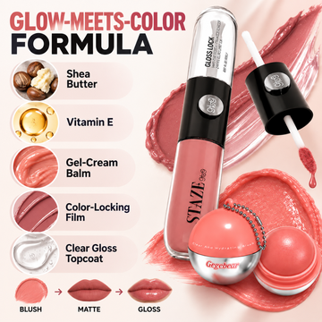 Gegebear Blush + Gloss Duo – Buy 1 Get 1 FREE – Ball Blush + Highlighter with Glossy Lip Color – Natural Glow, Dewy Finish – For Cheeks & Lips – Buildable Color, Gloss-Lock – Travel-Friendly