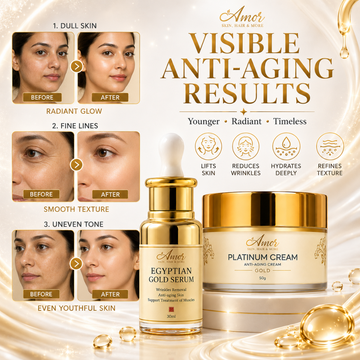 Amor Egyptian Gold Serum + Platinum Anti-Aging Cream Duo – Luxury Gold Anti-Aging – Firms Skin, Deeply Hydrates – With Gold Extracts, Moringa, Collagen Complex, Hyaluronic Acid & Peptides
